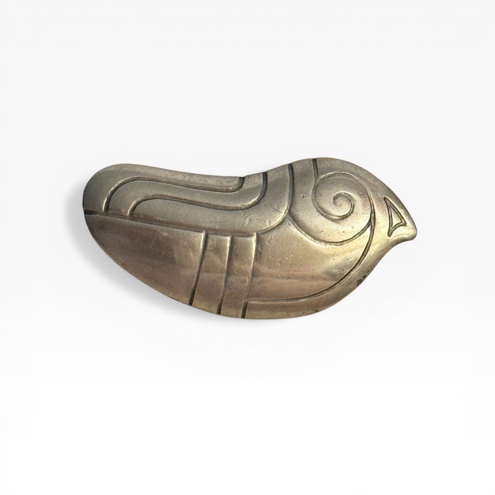 Vintage JJ Jonette 1988 Stylized Bird Brooch Pin Modernist Silver Tone Pewter